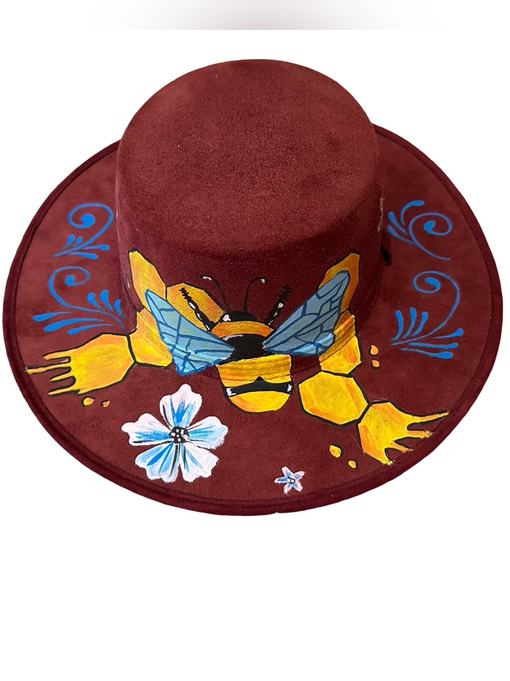 Hand-Painted Honey Bee Suede Wide Brim Hat Maroon Burgundy Boho Festival Western